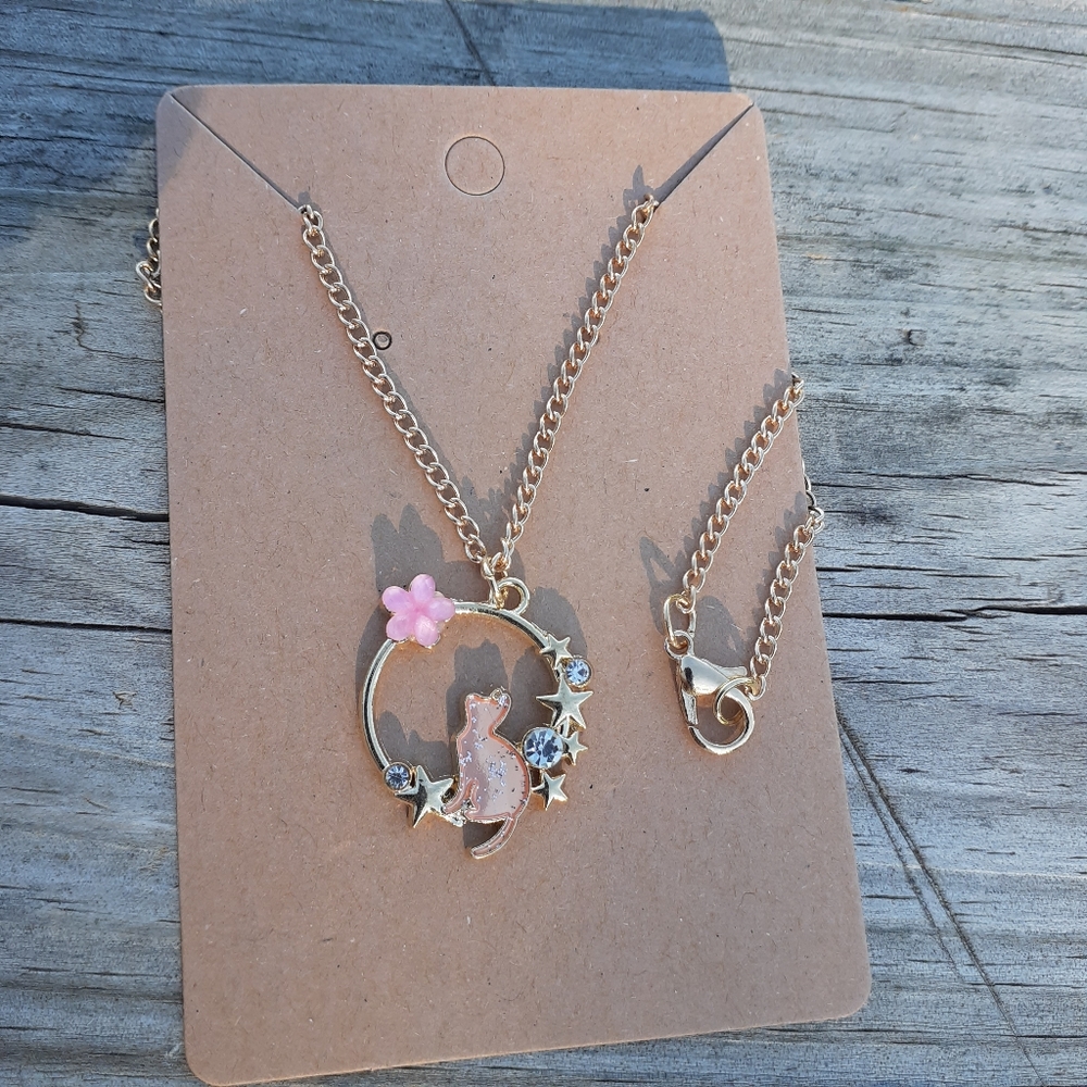 Flower & Cat Pendant Necklace